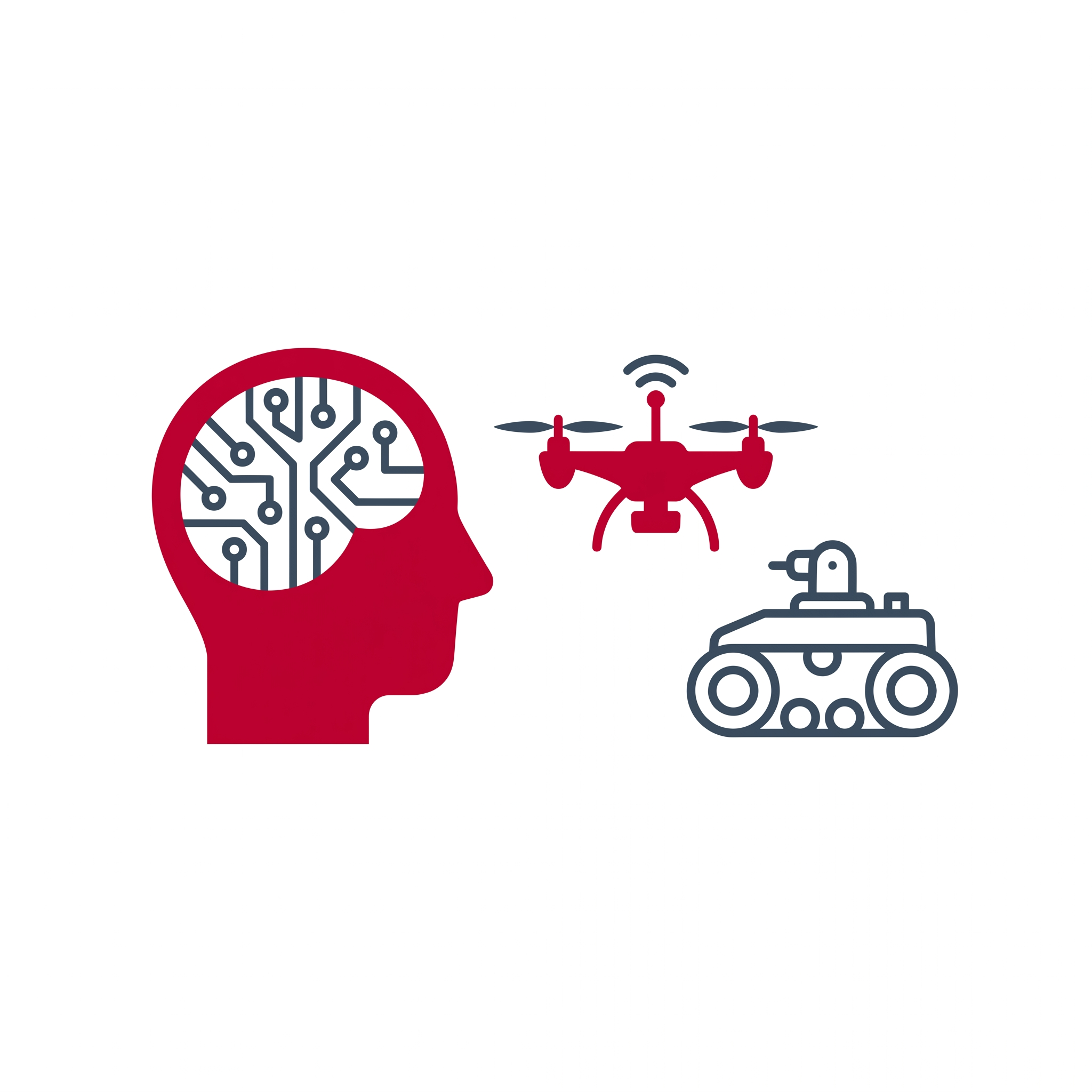 국방 AI와 무인체 — AI 두뇌와 드론·무인차량 일러스트